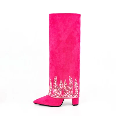 Nuovo arrivo 2023 stivali lunghi in tessuto scamosciato rosa caldo per le donne con tacco largo moda polpaccio ripiegato sopra il ginocchio stivali alti con chiusura a squalo donne